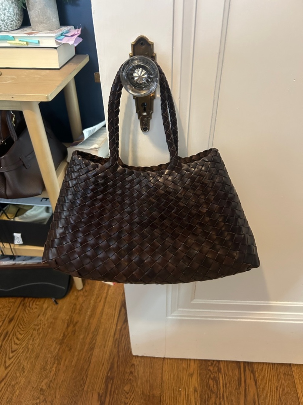 Dragon Diffusion Woven Leather Shoulder Bag in Dark Brown